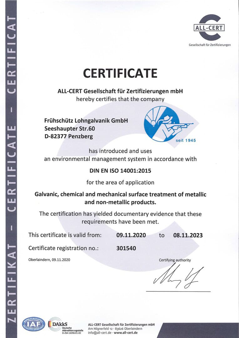 ISO 14001:2015 Umweltmanagement-Zertifikat der Frühschütz Lohngalvanik GmbH für galvanische Oberflächenbehandlung