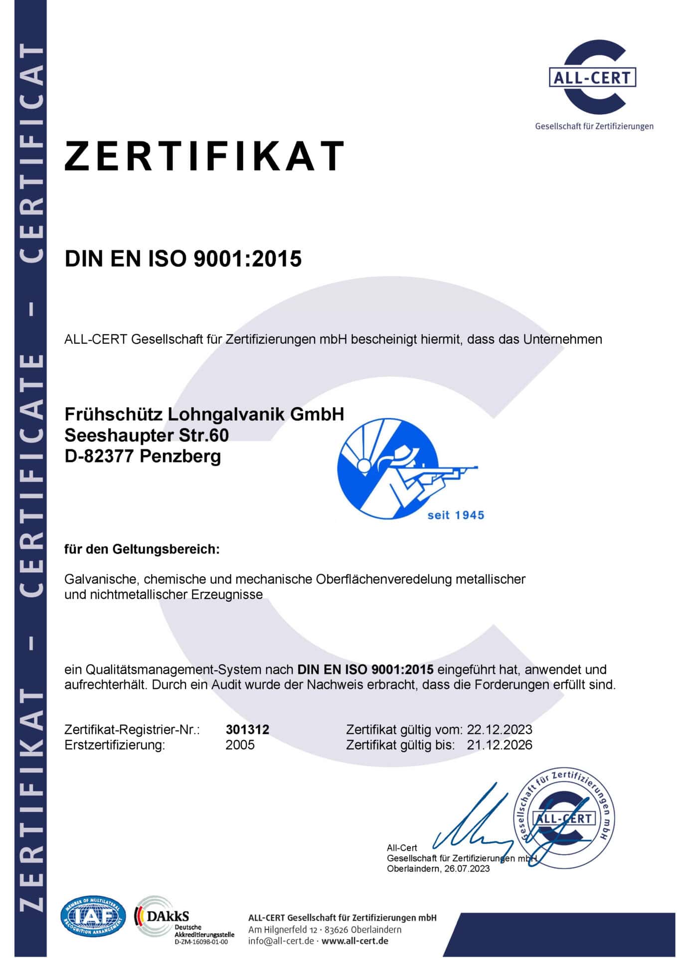 Zertifikat für Qualitätsmanagement nach ISO 9001:2015.