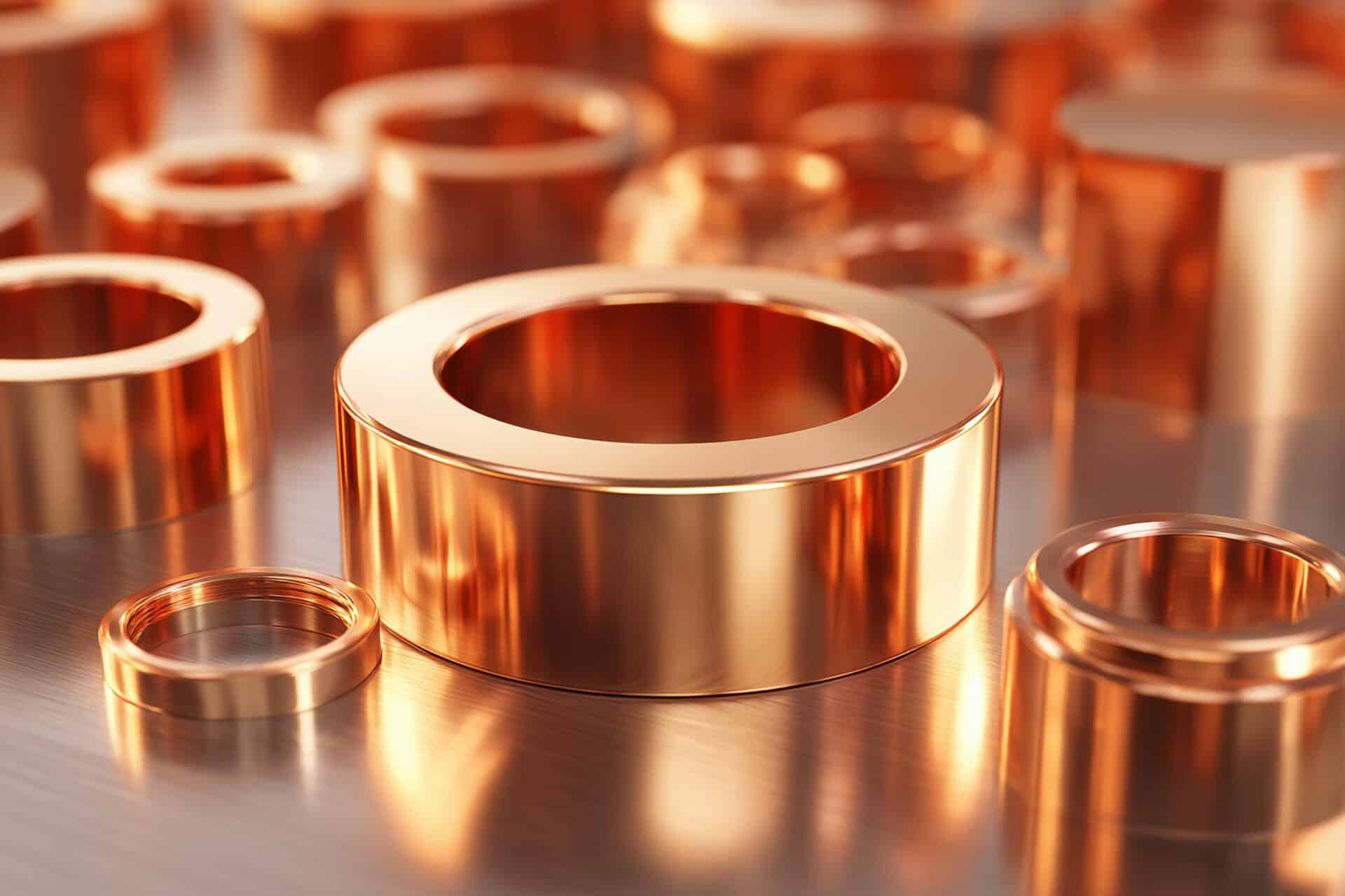 Hochglänzende Kupferteile in industrieller galvanischer Beschichtung.
