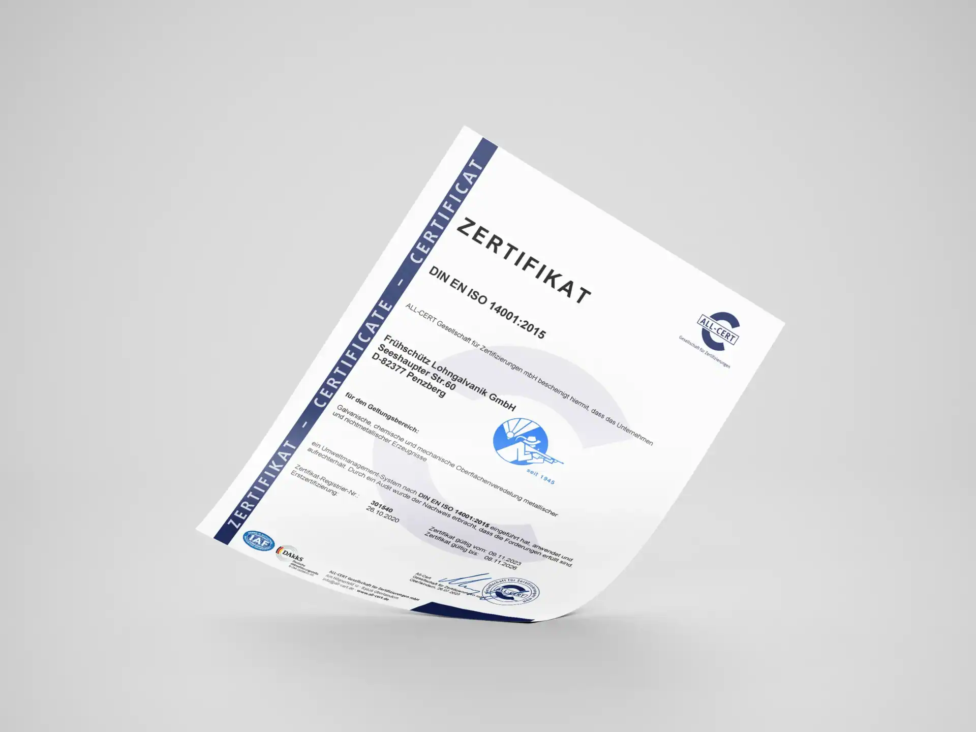 ISO 14001:2015 Zertifikat für Frühschütz Lohngalvanik GmbH, Umweltmanagementsystem, geprüfte Nachhaltigkeit und Qualität.